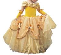 IWEMEK Girls Belle Princess Costume Dress Kid's Beauty and The Beast Carnival Fancy Dresses Up Off Shoulder Cosplay Ball Gown with Arm Sleeves for Toddler Baby Halloween Birthday Party Yellow 6-7Years