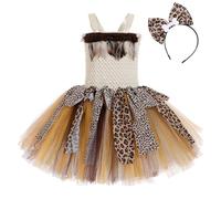 IWEMEK Girls Cavegirl Costume Set, Caveman Fancy Dress for kids Leopard Print Ruffle Tutu Dress, Headscarf with Feathers for Halloween Role Play Birthday Party Photo Brown 2-3Y