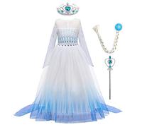 IWEMEK Girls Elsa 2 Dress Princess Costume Ice Snow Queen Fancy Dress Up Snowflake Tulle Gown + Accessories Kids Cosplay Birthday Halloween Party Christmas Carnival Costumes B-Blue 02 Set 5-6 Years