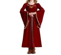 IWEMEK Girls Medieval Renaissance Costume Long Sleeve Velvet Dress with Belt for Halloween, Tudor Fancy Dress, Renaissance Fair, Princess Gown Red 130cm