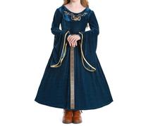 IWEMEK Girls Medieval Renaissance Costume Long Sleeve Velvet Dress with Belt for Halloween, Tudor Fancy Dress, Renaissance Fair, Princess Gown Blue 120cm