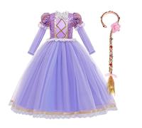IWEMEK Girls Rapunzel Costume Maxi Long Sleeve Tulle Princess Dress Up Gown + Wig Kids Halloween Carnival Fancy Dress Pageant Christmas Party Dresses Outfits T01: Purple Set 7-8 Years