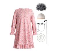 IWEMEK Halloween Costumes Old Granny for Adults Kids, 6 Piece Old Lady Costume Set, World Book Day Masquerade Bash Granny Wig Hat Fake Necklace Earrings Cane Glasses With Chain Set 4-5y