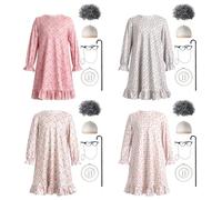 IWEMEK Halloween Costumes Old Granny for Adults Kids, 6 Piece Old Lady Costume Set, World Book Day Masquerade Bash Granny Wig Hat Fake Necklace Earrings Cane Glasses With Chain Set 4-5y