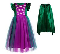 IWEMEK Hocus Pocus Children's Mary Sanderson Costume, Girls Witch Costume Flying Sleeves Velvet Tulle Witch Dress Hooded Coat Carnival Birthday Party Halloween Fancy Dress Outfit Green 130