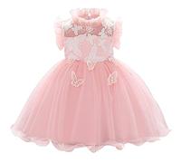 IWEMEK Infant Toddler Baby Girls Ruffle Sleeve Lace Baptism Christening Dress Birthday First Communion Gown Little Girl Bridesmaid Wedding Evening Prom Pageant Party Dresses Pink 12-18 Months