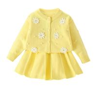 IWEMEK Jumper Sets Girls Skirt and Top Toddler Kids Baby Clothes Long Sleeve Knitted Floral Knitted Coats knitwear Shirt Tops + Pleated Mini Skirt 2pcs Fall Winter Outfits with Buttons Yellow 110cm