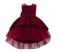 IWEMEK Kid Baby Girls Sleeveless High Low Hem Pleated Satin Tulle Bowknot Princess Dress Flower Girl Bridesmaid Wedding Dresses Communion Birthday Party Evening Prom Ball Gown Burgundy 2-3 Years
