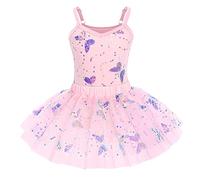 IWEMEK Kids Girls Sequins Butterfly Ballet Dance Dress Sleeveless Spaghetti Strap Leotard Cami Top + Tutu Skirt Skating Gymnastics Children Dancewear Ballroom Dancer Costume Pink 7-8 Years