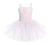 IWEMEK Kids Girls Sequins Leotard Tutu Ballet Dress Sleeveless Spaghetti Strap Skating Gymnastics Children Dancewear Fairy Swan Dance Dresses Performance Ballroom Dancer Costume White 5-6 Years