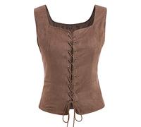 IWEMEK Medieval Vest Men Women Pirate Costume Steampunk Gothic Corset Suede Pirate Tank Top V-Neck Lace Up Renaissance Vintage Sleeveless Waistcoat Halloween Costumes Brown Female M