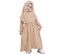 IWEMEK Muslim Baby Girl Prayer Islamic Dress Abaya with Khimar Set Eid Ramadan Outfits Flared Sleeve Maxi Long Kaftan Hijab Arab Dubai Turkish Saudi Traditional Clothes Champagne 6-12 Months