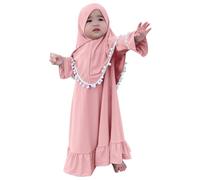 IWEMEK Muslim Baby Girl Prayer Islamic Dress Abaya with Khimar Set Eid Ramadan Outfits Flared Sleeve Maxi Long Kaftan Hijab Arab Dubai Turkish Saudi Traditional Clothes Pink Tassel 18-24 Months