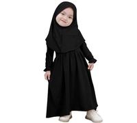 IWEMEK Muslim Baby Girl Prayer Islamic Dress Abaya with Khimar Set Eid Ramadan Outfits Flared Sleeve Maxi Long Kaftan Hijab Arab Dubai Turkish Saudi Traditional Clothes Black 6-12 Months