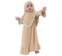 IWEMEK Muslim Baby Girl Prayer Islamic Dress Abaya with Khimar Set Eid Ramadan Outfits Flared Sleeve Maxi Long Kaftan Hijab Arab Dubai Turkish Saudi Traditional Clothes Khaki Tassel 18-24 Months