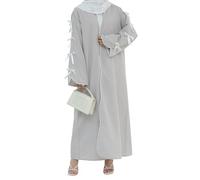 IWEMEK Muslim Cardigan Elegant Abaya Dress with Bow Detail Long Sleeve Open Front Dubai Style Robe for Women Middle East Arabian Robe Islamic Full Length Casual Maxi Dress Grey XXL