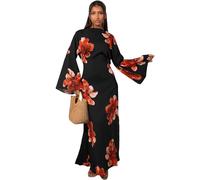 IWEMEK Muslim Dresses for Women Wedding Dubai Elegant Floral Bell Sleeve Abaya Dress - Modest Islamic Kaftan for Women with Concealed Zipper Black S