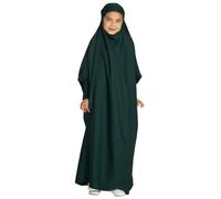 IWEMEK One Piece Full Length Jilbab Prayer Abaya for Girls Muslim Dress Satin Hooded Kaftan Hijab Batwing Long Sleeve Loose Fit Full Length Middle Eastern Islamic Arabic Robe Dark Green 11-12 Years