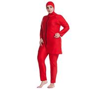 IWEMEK Plus Size Women Muslim Swimwear Burkini Full Body Long Sleeve Modest Swimsuit Rash Guard Set Swim Top Dress + Pants + Hijab Cap 3pcs Mid East Islamic Swimming Suit Beachwear Red 4XL