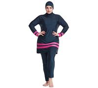 IWEMEK Plus Size Women Muslim Swimwear Burkini Full Body Long Sleeve Modest Swimsuit Rash Guard Set Swim Top Dress + Pants + Hijab Cap 3pcs Mid East Islamic Swimming Suit Navy Blue + Hot Pink 5XL