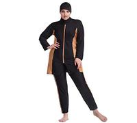 IWEMEK Plus Size Women Muslim Swimwear Burkini Full Body Long Sleeve Modest Swimsuit Rash Guard Set Swim Top Dress + Pants + Hijab Cap 3pcs Mid East Islamic Swimming Suit Beachwear Black + Yellow 3XL