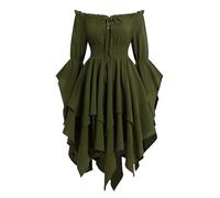 IWEMEK Renaissance Medieval Dress for Women, Off Shoulder Vintage Victorian Costume with Asymmetrical Hemline, Retro Ruffles, A-Line Design for Cosplay, Halloween, Carnival and Parties Green