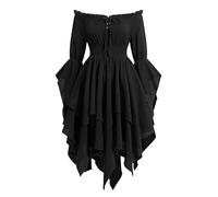 IWEMEK Renaissance Medieval Dress for Women, Off Shoulder Vintage Victorian Costume with Asymmetrical Hemline, Retro Ruffles, A-Line Design for Cosplay, Halloween, Carnival and Parties Black
