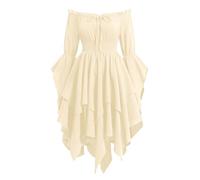 IWEMEK Renaissance Medieval Dress for Women, Off Shoulder Vintage Victorian Costume with Asymmetrical Hemline, Retro Ruffles, A-Line Design for Cosplay, Halloween, Carnival and Parties Apricot