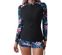 IWEMEK Shorty Wetsuit Women Rash Guard Long Sleeve Boyleg Swimsuit Two Piece Modest Swimwear Floral Print Swim Shorts and Top Set Surfing Diving Bathing Suit Beachwear Black + Pink XXL