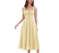 IWEMEK Summer Dresses Boho Floral Sundress for Women - Victorian Casual A-Line Sleeveless Spaghetti Strap, Floral Bust Corset Midi Dress with Slit, for Beach Holiday, Festival Party, Wedding Yellow S