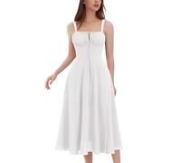 IWEMEK Summer Dresses Boho Floral Sundress for Women - Victorian Casual A-Line Sleeveless Spaghetti Strap, Floral Bust Corset Midi Dress with Slit, for Beach Holiday, Festival Party, Wedding White S