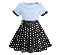 IWEMEK Vintage Girls 1950s Polka Dot Dress Lapel Collar Short Sleeve A-line Rockabilly Swing Skater Dress Retro 50s Flower Girl Wedding Communion Dance Prom Kids Party Dress Blue 5-6 Years