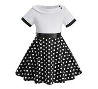 IWEMEK Vintage Girls 1950s Polka Dot Dress Lapel Collar Short Sleeve A-line Rockabilly Swing Skater Dress Retro 50s Flower Girl Wedding Communion Dance Prom Kids Party Dress White 5-6 Years