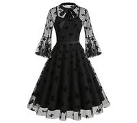 IWEMEK Vintage Women Bow Neck Mesh Bell Sleeve Butterfly Floral Embroidery Tulle Dress 50s Style A-line Tea Party Cocktail Evening Prom Bridesmaid Wedding Guest Homecoming Dress Black Butterfly L
