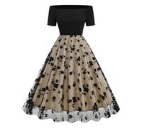 IWEMEK Vintage Women Off Shoulder Embroidery Tulle Dress Retro 50s 60s Pinup Short Sleeve Rockabilly Swing A-line Cocktail Tea Party Evening Prom Homecoming Dress Black Flower XXL