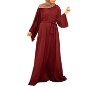 IWEMEK Women Abaya Muslim Dubai Kaftan Dress Solid Plain Full Length Loose Fit Long Sleeve Maxi Robe Arabic Burka Islamic Dresses Middle East Outfits Clothing Dark Red M
