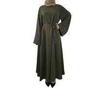 IWEMEK Women Abaya Muslim Dubai Kaftan Dress Solid Plain Full Length Loose Fit Long Sleeve Maxi Robe Arabic Burka Islamic Dresses Middle East Outfits Clothing Army Green X-L