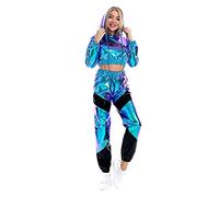 IWEMEK Women Metallic Shiny Holographic Sweatsuit Rave Outfits Faxu Leather Crop Top Hoodie Sweatshirt Sweatpants High Waist Jogger Pants Casual Hip Hop Disco Dance Party Clubwear Leser Blue M