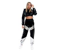 IWEMEK Women Metallic Shiny Holographic Sweatsuit Rave Outfits Faxu Leather Crop Top Hoodie Sweatshirt Sweatpants High Waist Jogger Pants Casual Hip Hop Disco Dance Party Clubwear Black XL