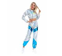IWEMEK Women Metallic Shiny Holographic Sweatsuit Rave Outfits Faxu Leather Crop Top Hoodie Sweatshirt Sweatpants High Waist Jogger Pants Hip Hop Disco Dance Party Clubwear Leser Silver + Blue XL