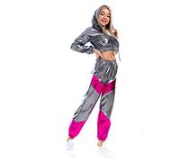 IWEMEK Women Metallic Shiny Holographic Sweatsuit Rave Outfits Faxu Leather Crop Top Hoodie Sweatshirt Sweatpants High Waist Jogger Pants Casual Hip Hop Disco Dance Party Clubwear Gray XXL