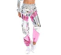 IWEMEK Women Metallic Shiny Jogger Pants High Waist Patent Faux Leather Holographic Sweatpants Bicolor Contrast Color Block Punk Style Disco Dance Hip Hop Trousers with Side Pockets Pink XL