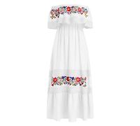 IWEMEK Women Mexican Dress Ruffle Off Shoulder Floral Embroidered Long Maxi Dress Summer Beach Casual Cinco de Mayo Festival Halloween Carnival Pageant Party Dresses White XL