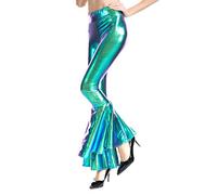 IWEMEK Women Wet Look Palazzo Pants 70s Disco Style Faux Leather Mermaid Laser PU Flare Wide Leg Pants Shiny Metallic Long Stretch Fitness Leggings Dance Bell Bottoms Clubwear Laser Blue L