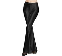 IWEMEK Womens Ladies Wet Look Faux Leather PU Sparkly Shiny Metallic Full Length Solid Color Long Flare Palazzo Pants Wide Leggings Trousers Dance Gymnastic Bottoms Disco Clubwear Black L