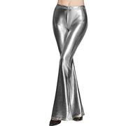 IWEMEK Womens Ladies Wet Look Faux Leather PU Sparkly Shiny Metallic Full Length Solid Color Long Flare Palazzo Pants Wide Leggings Trousers Dance Gymnastic Bottoms Disco Clubwear Silver S