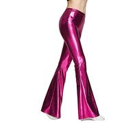 IWEMEK Womens Ladies Wet Look Faux Leather PU Sparkly Shiny Metallic Full Length Solid Color Long Flare Palazzo Pants Wide Leggings Trousers Dance Gymnastic Bottoms Disco Clubwear Hot Pink L