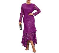 IWFEV Sequins Floor-Length Hollow Asymmetrical Women's Maxi Dress Lace Dress Party Evening Dress XL Purple