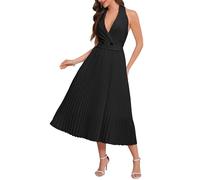 IWFEV Women's Halter Neck Pleated Belted Backless Midi Sleeveless Casual Party Cocktail Dress XL Black