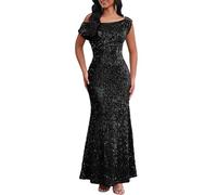 IWFEV Women's Sequin Oblique Shoulder Mermaid Evening Short Sleeve Sparkly Party Gown Prom Maxi Dress M Black
